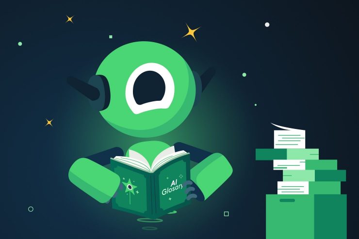 Winston a one-eyed green robot reading an AI Glossary